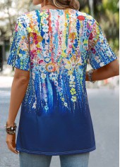 Dark Blue tops,Graphic tops,Button Graffiti Print Dark Blue Round Neck T Shirt