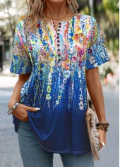 Dark Blue tops,Graphic tops,Button Graffiti Print Dark Blue Round Neck T Shirt