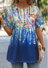 Dark Blue tops,Graphic tops,Button Graffiti Print Dark Blue Round Neck T Shirt