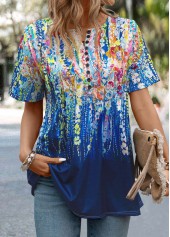 Dark Blue tops,Graphic tops,Button Graffiti Print Dark Blue Round Neck T Shirt