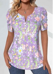 Hellviolettes T-Shirt aus strukturiertem Rotita-Stoff mit Blümchenmuster und Blumendruck