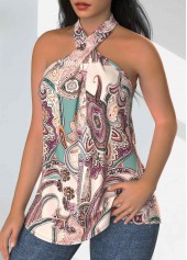 Multi Color tops,Paisley tops,Floral tops,Plants tops,ROTITA Twist Paisley Print Multi Color Cross Collar Tank Top