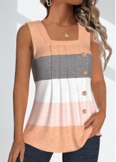 Dusty Pink plus size,Striped plus size,Geometric plus size,Contrast Color plus size,ROTITA Plus Size Button Dusty Pink Striped Sleeveless Tank Top