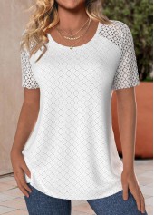 White tops,Plain Color tops,ROTITA Lace White Round Neck Short Sleeve T Shirt