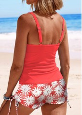 Peach Red swimwear,Floral swimwear,Plants swimwear,ROTITA Ruched Peach Red Daisy Print Tankini Set