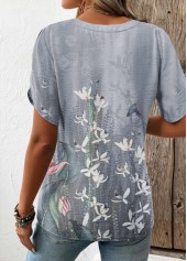 Grey tops,Floral tops,Plants tops,ROTITA Patchwork Floral Print Grey Split Neck T Shirt