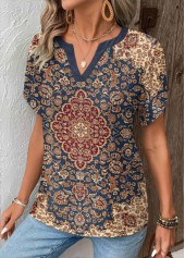 Multi Color tops,Tribal tops,ROTITA Split Tribal Print Multi Color Short Sleeve T Shirt