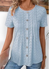 Light Blue tops,Plain Color tops,ROTITA Tuck Stitch Dusty Blue Round Neck T Shirt