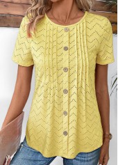 Light Yellow tops,Plain Color tops,ROTITA Tuck Stitch Light Yellow Round Neck T Shirt