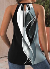 Black tops,Geometric tops,Striped tops,Ombre tops,ROTITA Bowknot Geometric Print Black Halter Sleeveless Tank Top