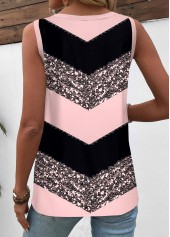 Light Pink tops,Black tops,Striped tops,Geometric tops,ROTITA Patchwork Striped Light Pink Round Neck Sleeveless Tank Top