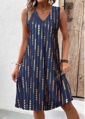 Blue dresses,Geometric dresses,Striped dresses,Everyday dresses,Casual dresses,ROTITA Hot Stamping Geometric Print Blue A Line Sleeveless Dress