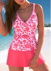 Rotita-Tankini-Set mit Kontrastbindung in Rosa und zufälligem Blumenmuster
