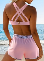 Light Pink swimwear,Plants swimwear,ROTITA Drawstring Light Pink Tropical Plants Print Bikini Set