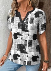 Black tops,Geometric tops,Striped tops,ROTITA Split Geometric Print Black Short Sleeve T Shirt