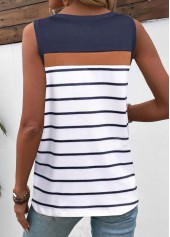 White tops,Navy tops,Striped tops,Geometric tops,ROTITA Patchwork Striped White Round Neck Sleeveless Tank Top