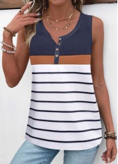 White tops,Navy tops,Striped tops,Geometric tops,ROTITA Patchwork Striped White Round Neck Sleeveless Tank Top