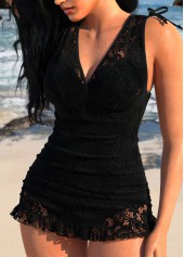 Black swimwear,Plain Color swimwear,ROTITA Wide Strap Lace Black One Piece Swimdress