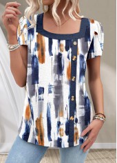 Navy tops,White tops,Graphic tops,ROTITA Button Graffiti Print Navy Square Neck T Shirt