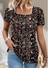 Rotita – Schwarzes T-Shirt mit Blumenmuster und Knopfleiste in Übergröße