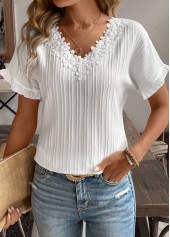 White tops,Plain Color tops,Patchwork White V Neck Short Sleeve Blouse