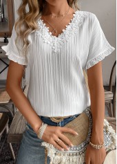 White tops,Plain Color tops,Patchwork White V Neck Short Sleeve Blouse