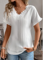 White tops,Plain Color tops,Patchwork White V Neck Short Sleeve Blouse