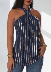 Navy tops,Geometric tops,ROTITA Criss Cross Geometric Print Navy Sleeveless Tank Top