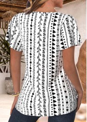 White tops,Geometric tops,Plants tops,Striped tops,ROTITA Scalloped Hem Geometric Print White V Neck T Shirt
