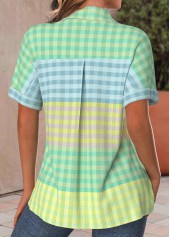 Multi Color tops,Green tops,Plaid tops,Striped tops,Geometric tops,ROTITA Pocket Plaid Multi Color Shirt Collar Short Sleeve Blouse
