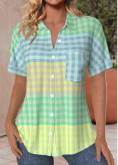 blouse à manches courtes à col de chemise multicolore à carreaux de poche rotita