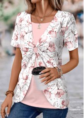ROTITA Fake 2in1 Floral Print Light Pink T Shirt