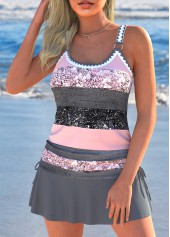 Dark Grey Marl swimwear,Pink swimwear,Striped swimwear,Geometric swimwear,Contrast Color swimwear,ROTITA Drawstring Dark Grey Marl Multi Stripe Print Tankini Set