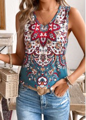 Multi Color tops,Tribal tops,Floral tops,Plants tops,Tribal Print Multi Color V Neck Sleeveless Tank Top