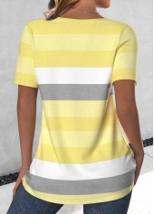 Light Yellow tops,Striped tops,Geometric tops,ROTITA Button Striped Light Yellow Round Neck T Shirt