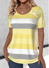 Light Yellow tops,Striped tops,Geometric tops,ROTITA Button Striped Light Yellow Round Neck T Shirt
