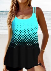 Cyan swimwear,Ombre swimwear,Dot swimwear,ROTITA Patchwork Double Straps Cyan Ombre Tankini Top