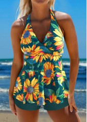 Blackish Green swimwear,Yellow swimwear,Floral swimwear,Plants swimwear,ROTITA Criss Cross Blackish Green Floral Print Tankini Set