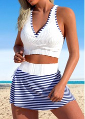 White swimwear,Blue swimwear,Striped swimwear,Geometric swimwear,ROTITA Contrast Binding White Striped Bikini Set