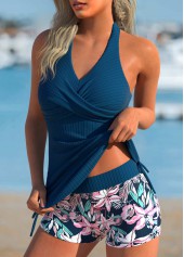 Peacock Blue swimwear,Floral swimwear,Plants swimwear,ROTITA Criss Cross Peacock Blue Floral Print Tankini Set