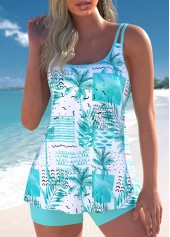 Cyan swimwear,Plants swimwear,Striped swimwear,Geometric swimwear,ROTITA Lightweight Cyan Tropical Plants Print Tankini Set
