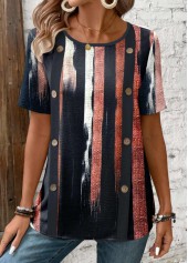 Navy tops,Striped tops,Geometric tops,ROTITA Button Multi Stripe Print Navy V Neck T Shirt