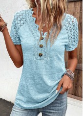 Light Blue tops,Plain Color tops,ROTITA Lace Light Blue V Neck Short Sleeve T Shirt