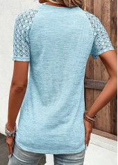 Light Blue tops,Plain Color tops,ROTITA Lace Light Blue V Neck Short Sleeve T Shirt