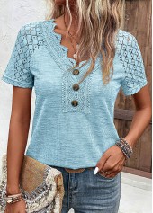 Light Blue tops,Plain Color tops,ROTITA Lace Light Blue V Neck Short Sleeve T Shirt