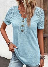 Light Blue tops,Plain Color tops,ROTITA Lace Light Blue V Neck Short Sleeve T Shirt