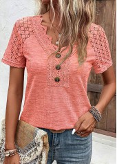 Orange tops,Plain Color tops,ROTITA Lace Orange V Neck Short Sleeve T Shirt