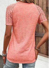 Orange tops,Plain Color tops,ROTITA Lace Orange V Neck Short Sleeve T Shirt