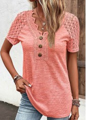 Orange tops,Plain Color tops,ROTITA Lace Orange V Neck Short Sleeve T Shirt