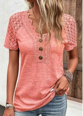 Rotita Lace Orange V-Ausschnitt Kurzarm-T-Shirt